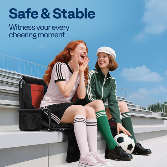 VIVOHOME Stadium Seats with Back Support and Cushion, 2 Pack Portable Bleacher Chairs with Cup Holder, Storage Bags and Shoulder Strap, Comfortable for Various Sports Events, Black and Gray