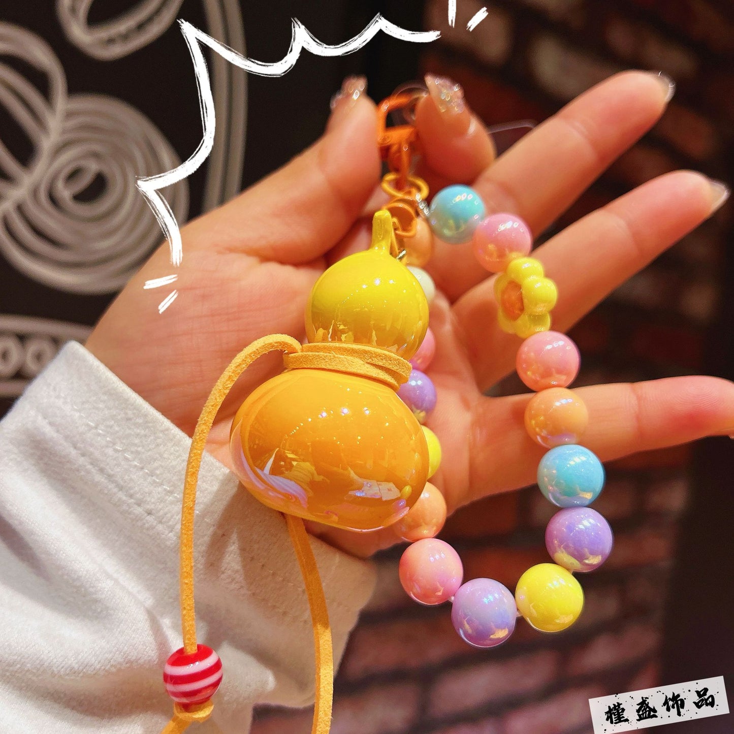 New electroplated colorful gourd keychain cartoon couple mobile phone chain bead string wrist rope anti-lost chain bag pendant