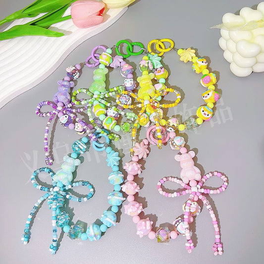 Small fresh ins hand-painted beads mobile phone pendant cartoon bear bow accessories bead string keychain live broadcast of the same style