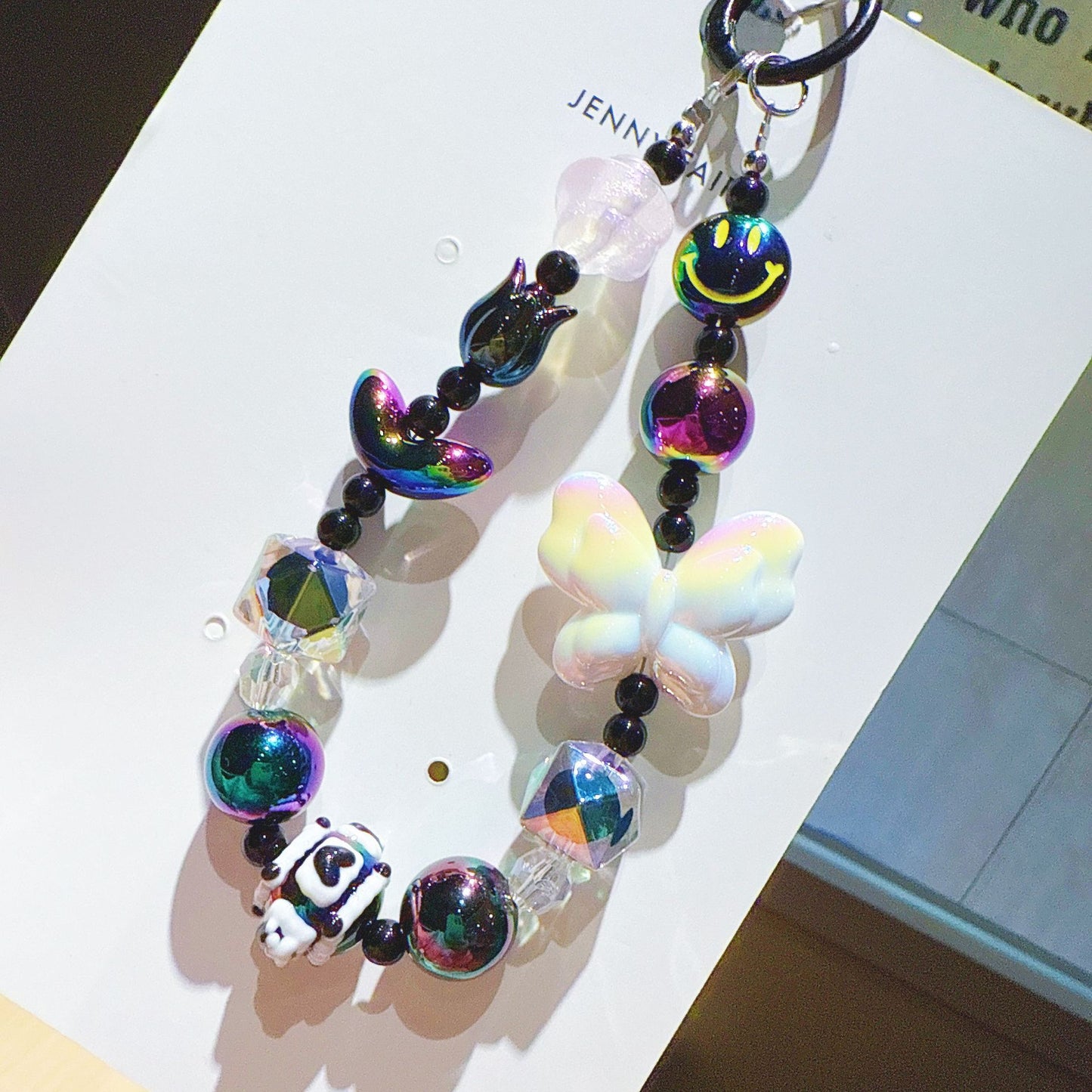 New UV Plated Butterfly Beaded Mobile Phone Chain Keychain Creative Smiley Pendant Car Key Bag Charm Gift