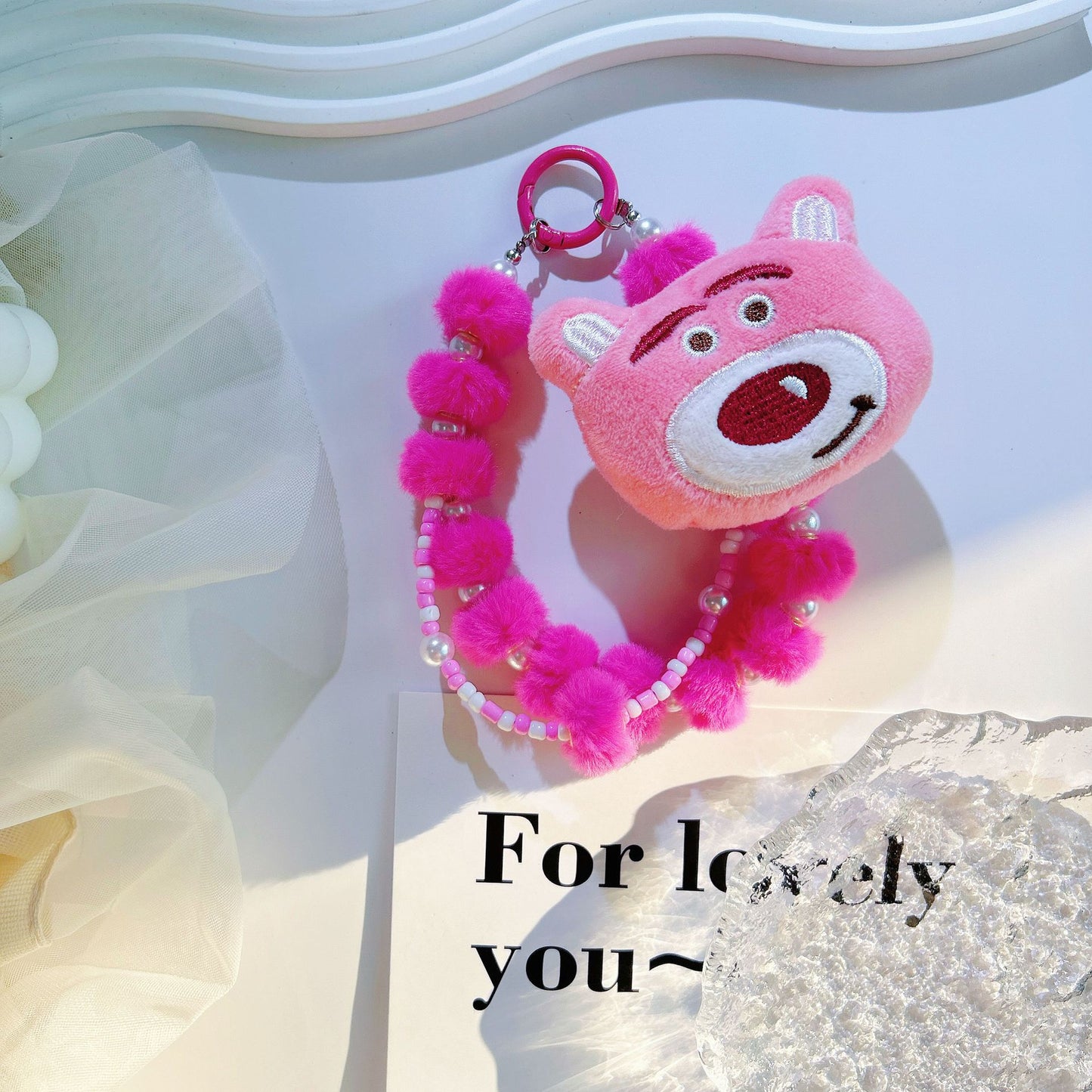 Autumn and winter new cartoon strawberry bear plush mobile phone chain bead string keychain bag cute pendant bag extension chain