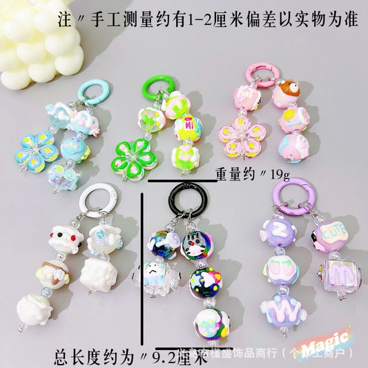 Creative hand-painted flower short mobile phone chain pendant, the same style in the live broadcast is matched with cartoon bead chain keychain bag pendant.