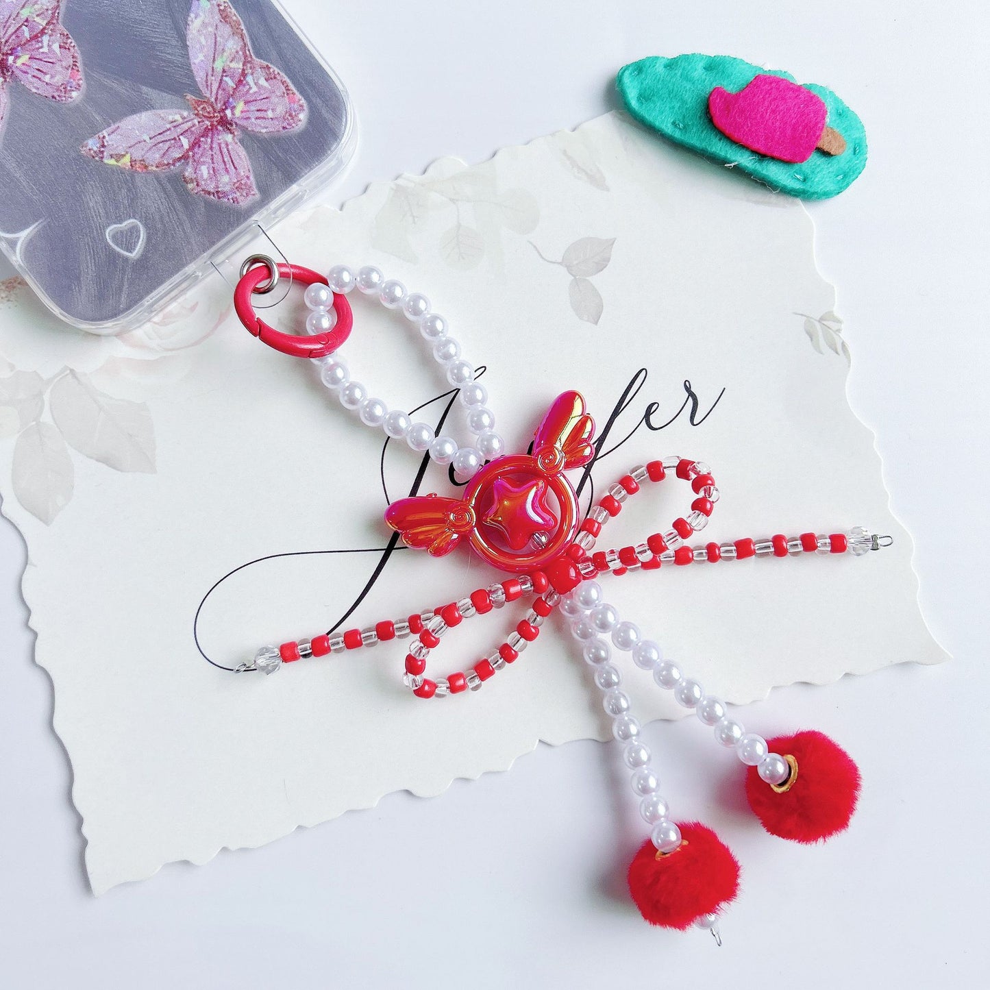 Angel wings beads string mobile phone chain creative bow hairball bag car keychain pendant mobile phone case universal