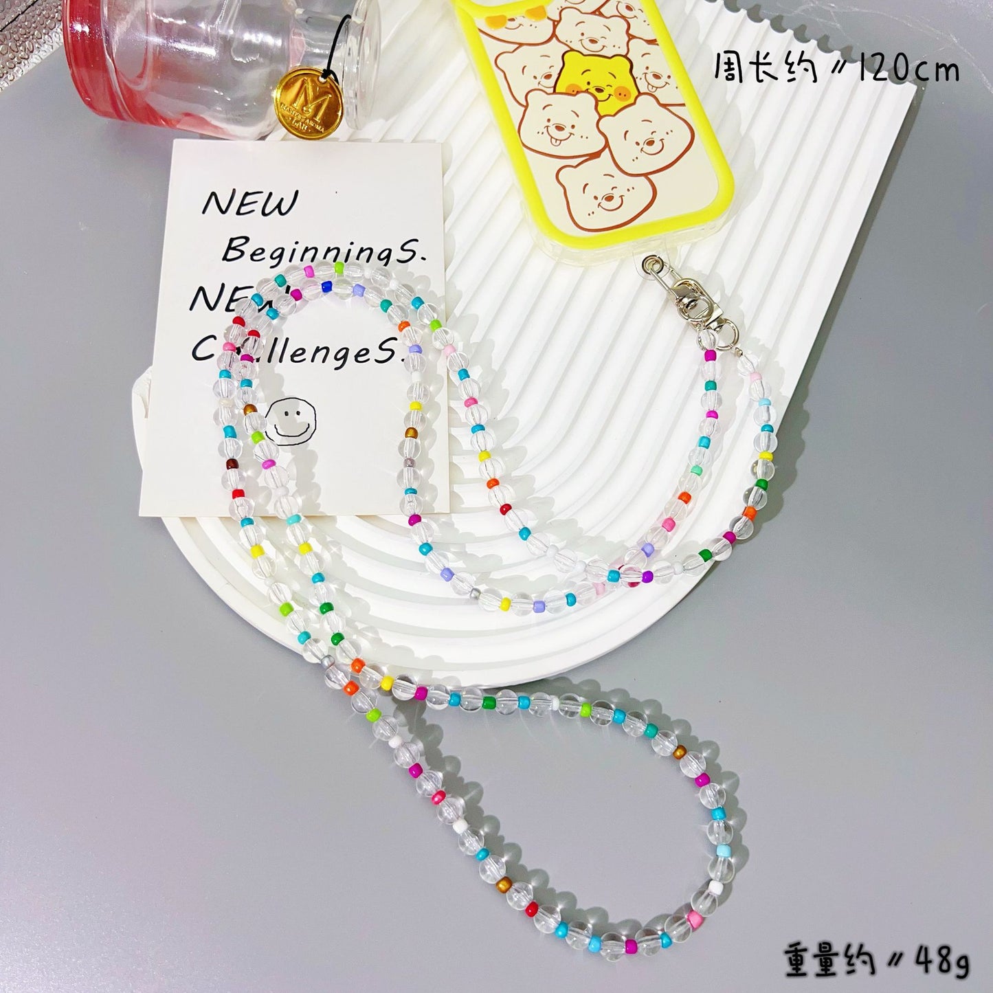New acrylic mixed color bead string mobile phone chain girl heart oblique span chain mobile phone case lanyard anti-lost strap pendant