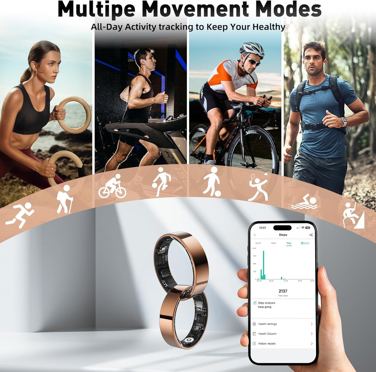 Smart Ring with Sleep Monitoring, Step Counting, Heart Rate, Blood Oxygen, Blood Pressure for iPhone and Android, No Subscription Fee, IP68 Waterproof Health Tracker (Silver, 9)