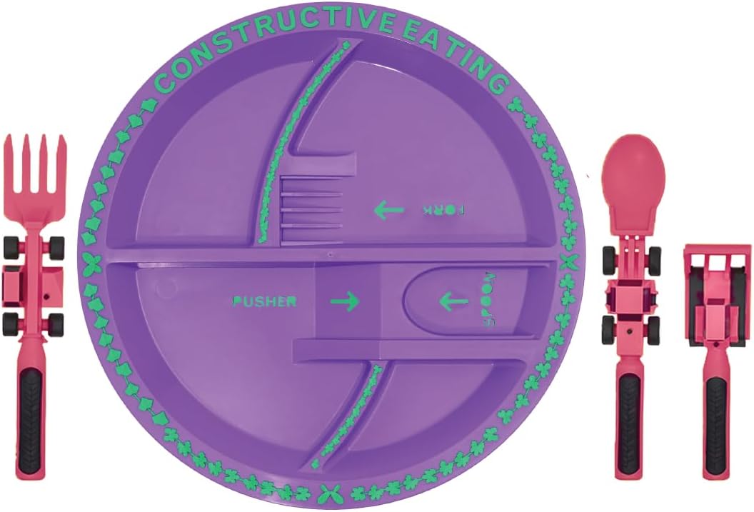 Constructive Eating Plate and Utensils Set - USA-Made Toddler Dinnerware with Divided Plates (Dinosaur)