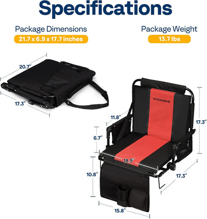 VIVOHOME Stadium Seats with Back Support and Cushion, 2 Pack Portable Bleacher Chairs with Cup Holder, Storage Bags and Shoulder Strap, Comfortable for Various Sports Events, Black and Gray