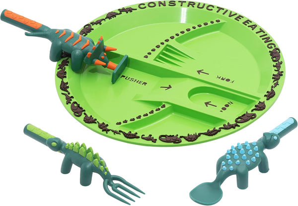 Constructive Eating Plate and Utensils Set - USA-Made Toddler Dinnerware with Divided Plates (Dinosaur)