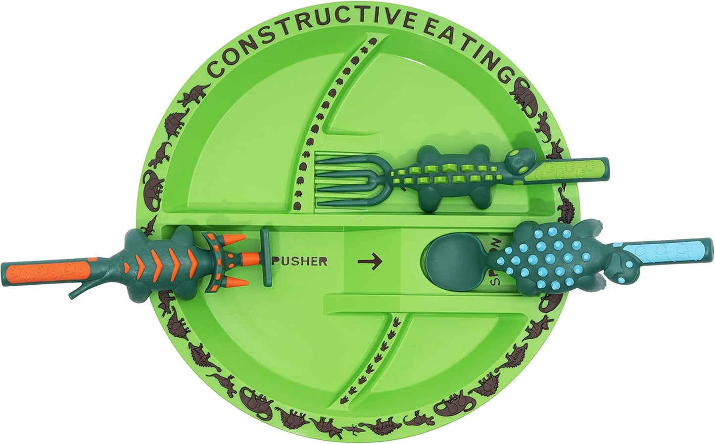 Constructive Eating Plate and Utensils Set - USA-Made Toddler Dinnerware with Divided Plates (Dinosaur)