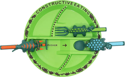Constructive Eating Plate and Utensils Set - USA-Made Toddler Dinnerware with Divided Plates (Dinosaur)