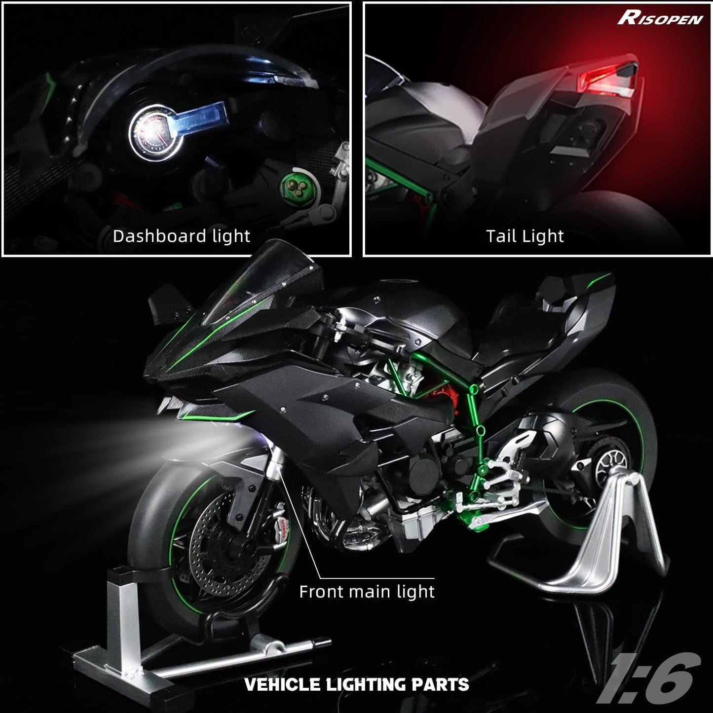 1:6 Motorcycle Model for Kawasaki Ninja H2R Metal Die-cast Motorcycle Model with Imitation Key Sound Light Spray Moto Classic Collection Gift for Adult(Black)