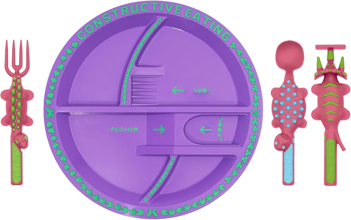 Constructive Eating Plate and Utensils Set - USA-Made Toddler Dinnerware with Divided Plates (Dinosaur)