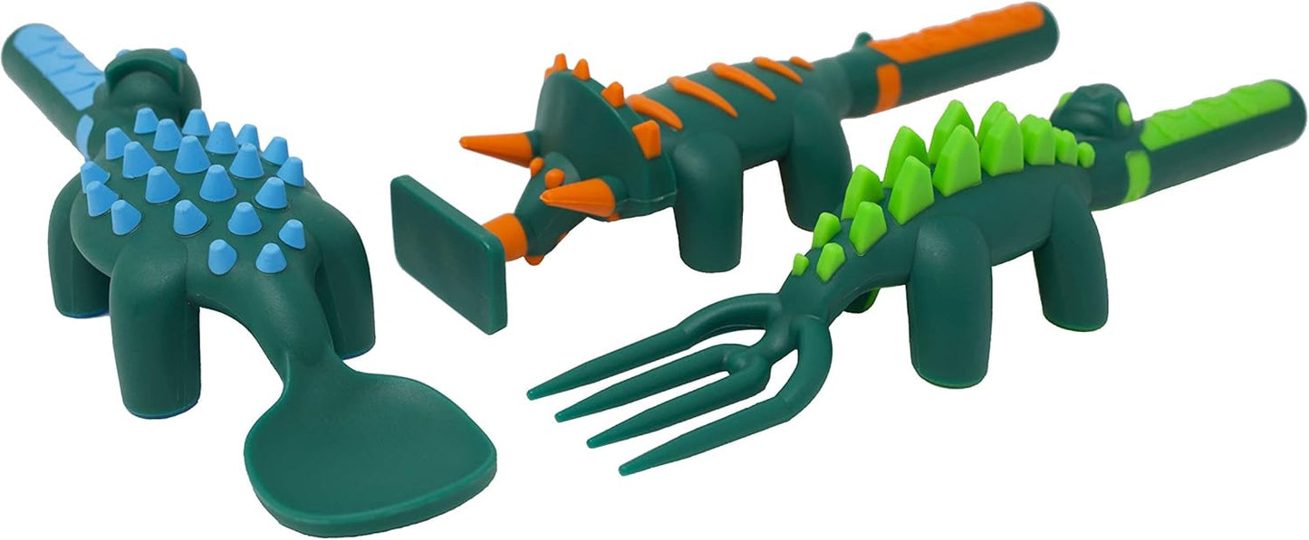 Constructive Eating Plate and Utensils Set - USA-Made Toddler Dinnerware with Divided Plates (Dinosaur)