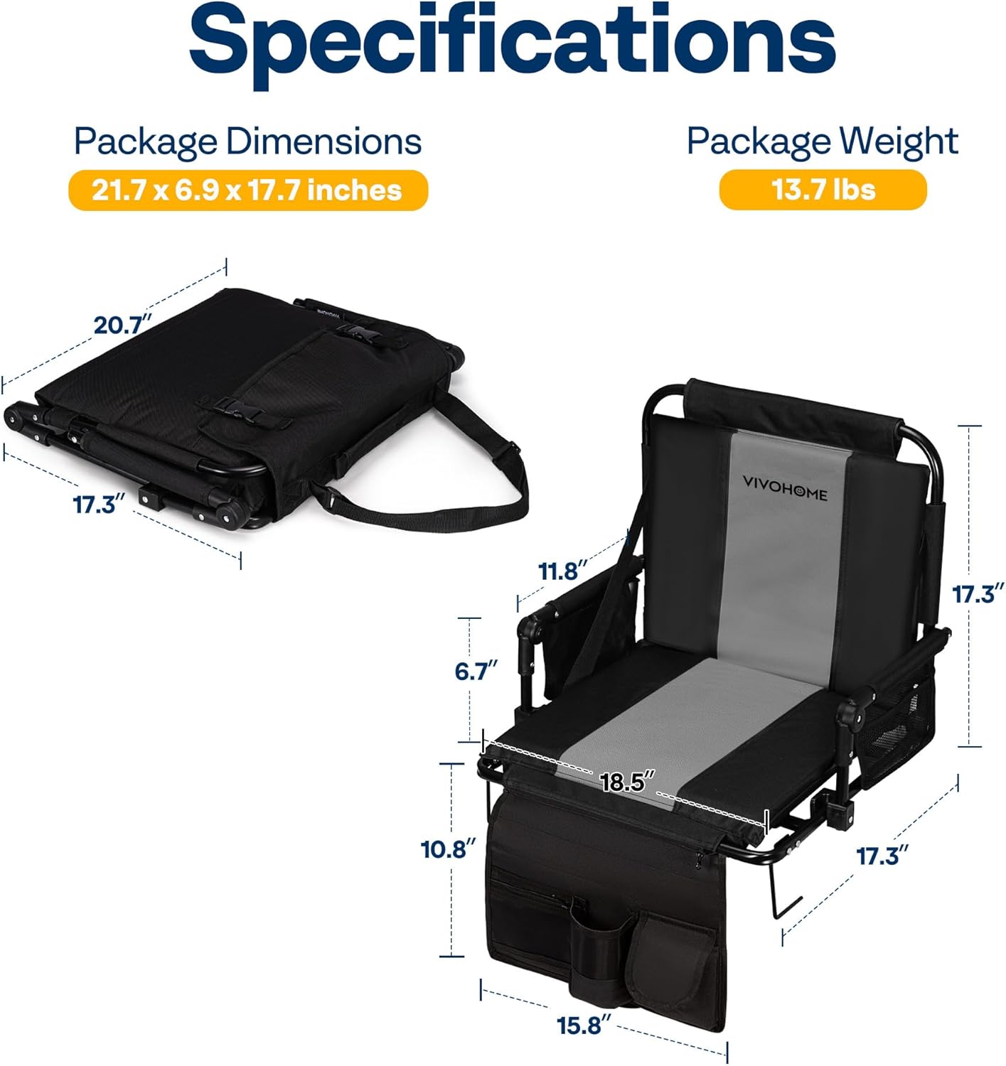 VIVOHOME Stadium Seats with Back Support and Cushion, 2 Pack Portable Bleacher Chairs with Cup Holder, Storage Bags and Shoulder Strap, Comfortable for Various Sports Events, Black and Gray