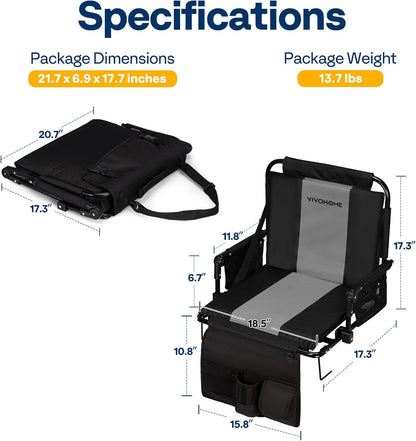 VIVOHOME Stadium Seats with Back Support and Cushion, 2 Pack Portable Bleacher Chairs with Cup Holder, Storage Bags and Shoulder Strap, Comfortable for Various Sports Events, Black and Gray