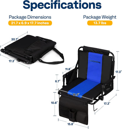 VIVOHOME Stadium Seats with Back Support and Cushion, 2 Pack Portable Bleacher Chairs with Cup Holder, Storage Bags and Shoulder Strap, Comfortable for Various Sports Events, Black and Gray