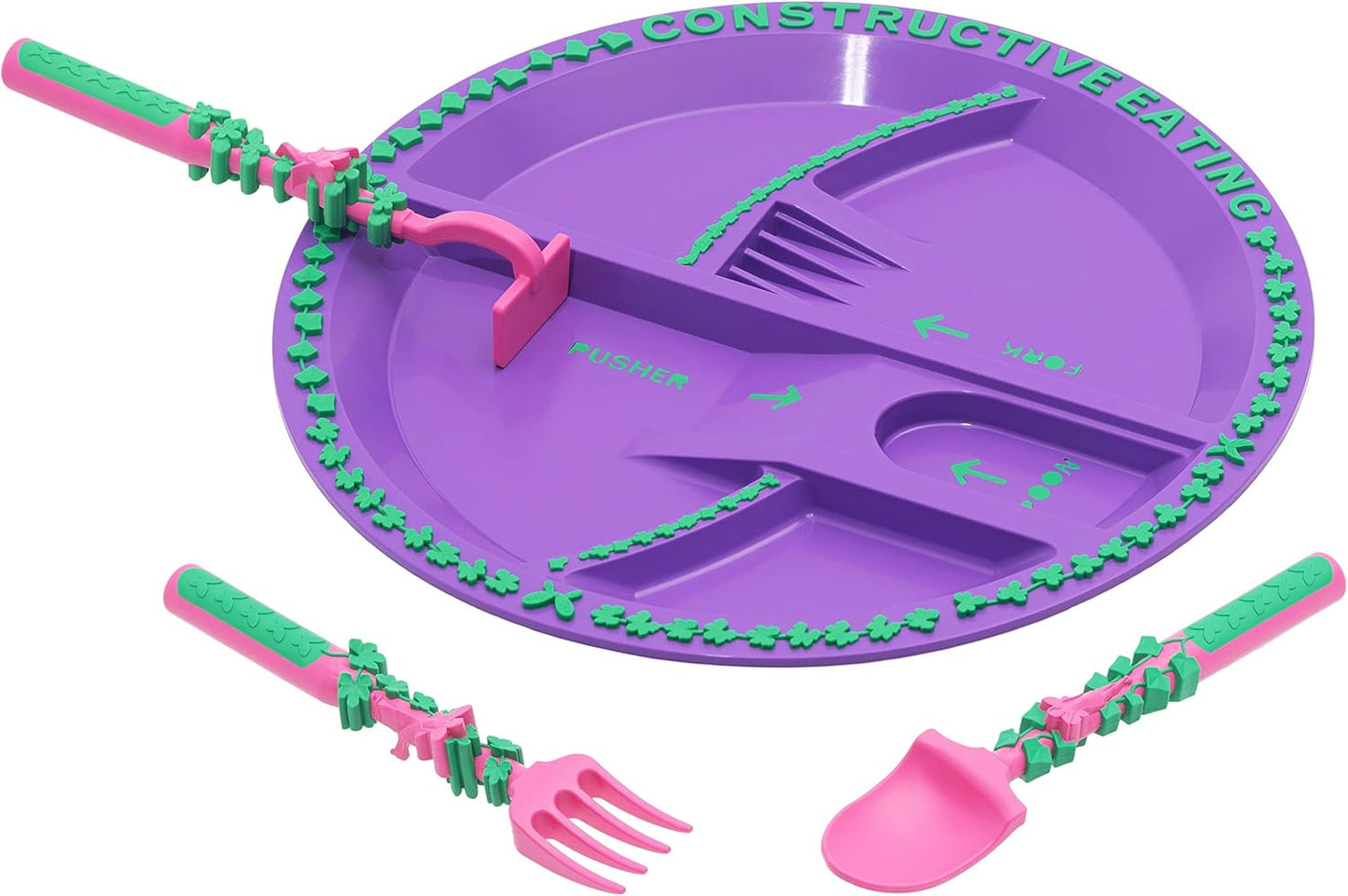 Constructive Eating Plate and Utensils Set - USA-Made Toddler Dinnerware with Divided Plates (Dinosaur)