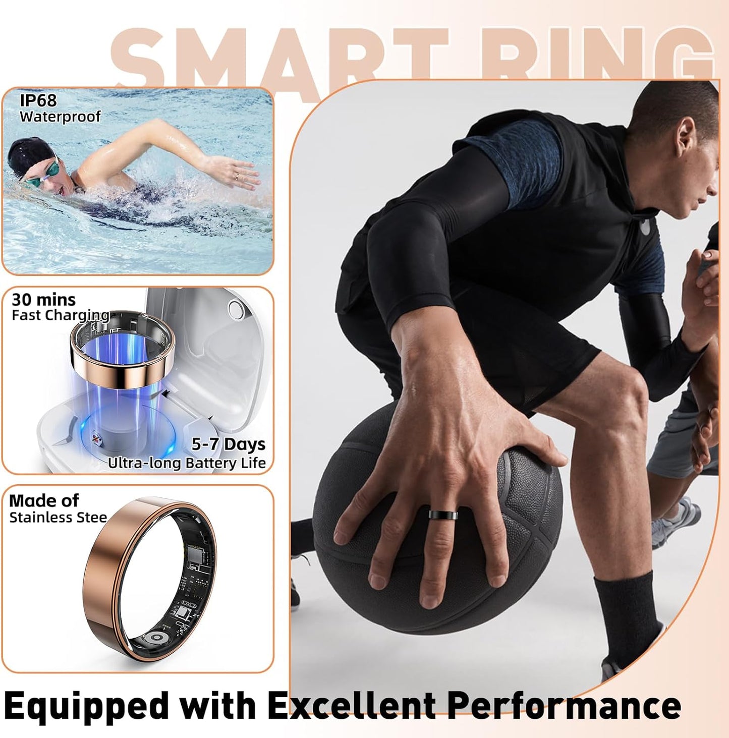 Smart Ring with Sleep Monitoring, Step Counting, Heart Rate, Blood Oxygen, Blood Pressure for iPhone and Android, No Subscription Fee, IP68 Waterproof Health Tracker (Silver, 9)