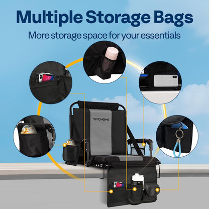 VIVOHOME Stadium Seats with Back Support and Cushion, 2 Pack Portable Bleacher Chairs with Cup Holder, Storage Bags and Shoulder Strap, Comfortable for Various Sports Events, Black and Gray