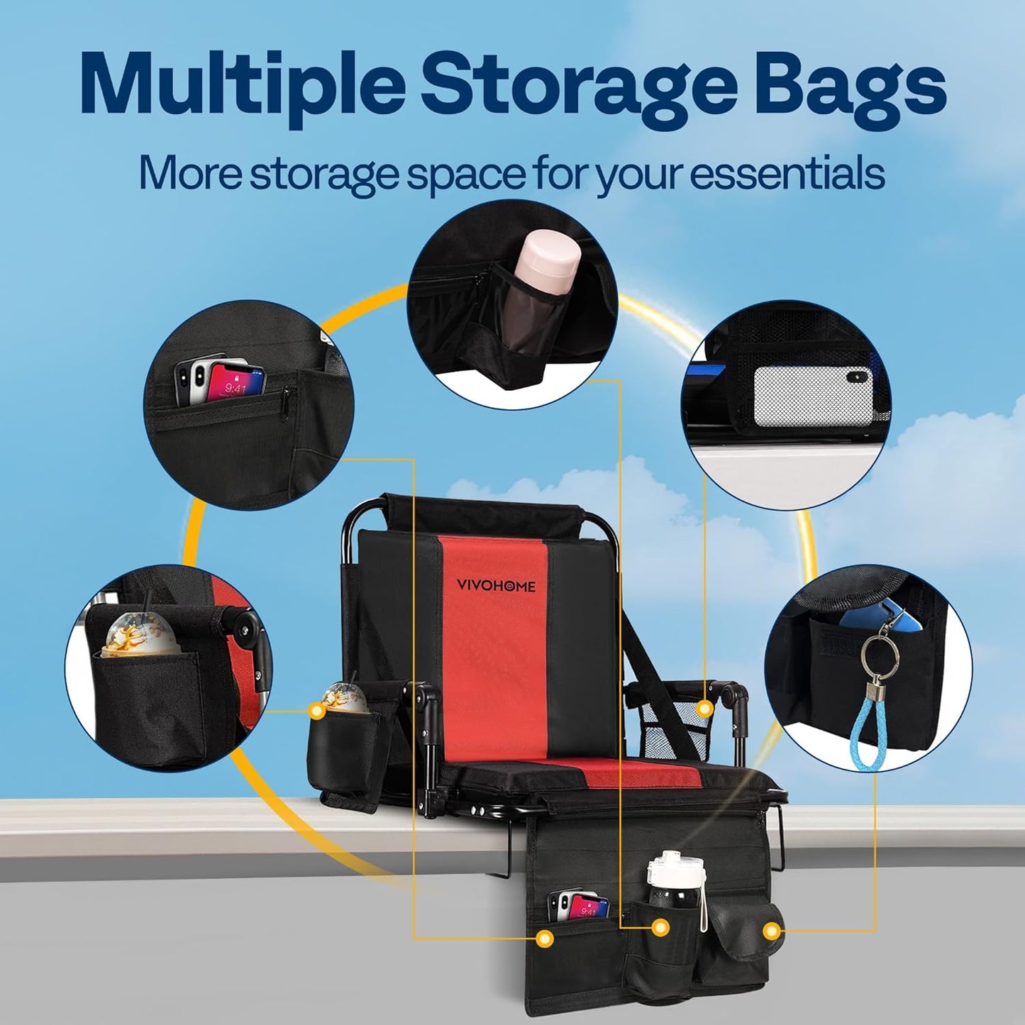 VIVOHOME Stadium Seats with Back Support and Cushion, 2 Pack Portable Bleacher Chairs with Cup Holder, Storage Bags and Shoulder Strap, Comfortable for Various Sports Events, Black and Gray