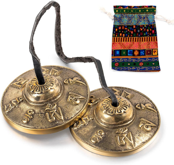 Boao Tibetan Tingsha Cymbals Meditation Chime Bells with Tibetan Drawstring Cloth Bag. 6.3 cm Meditation Chime Bells. for Percussion Instrument(Om Mane Padme Hum Symbols Embossed)