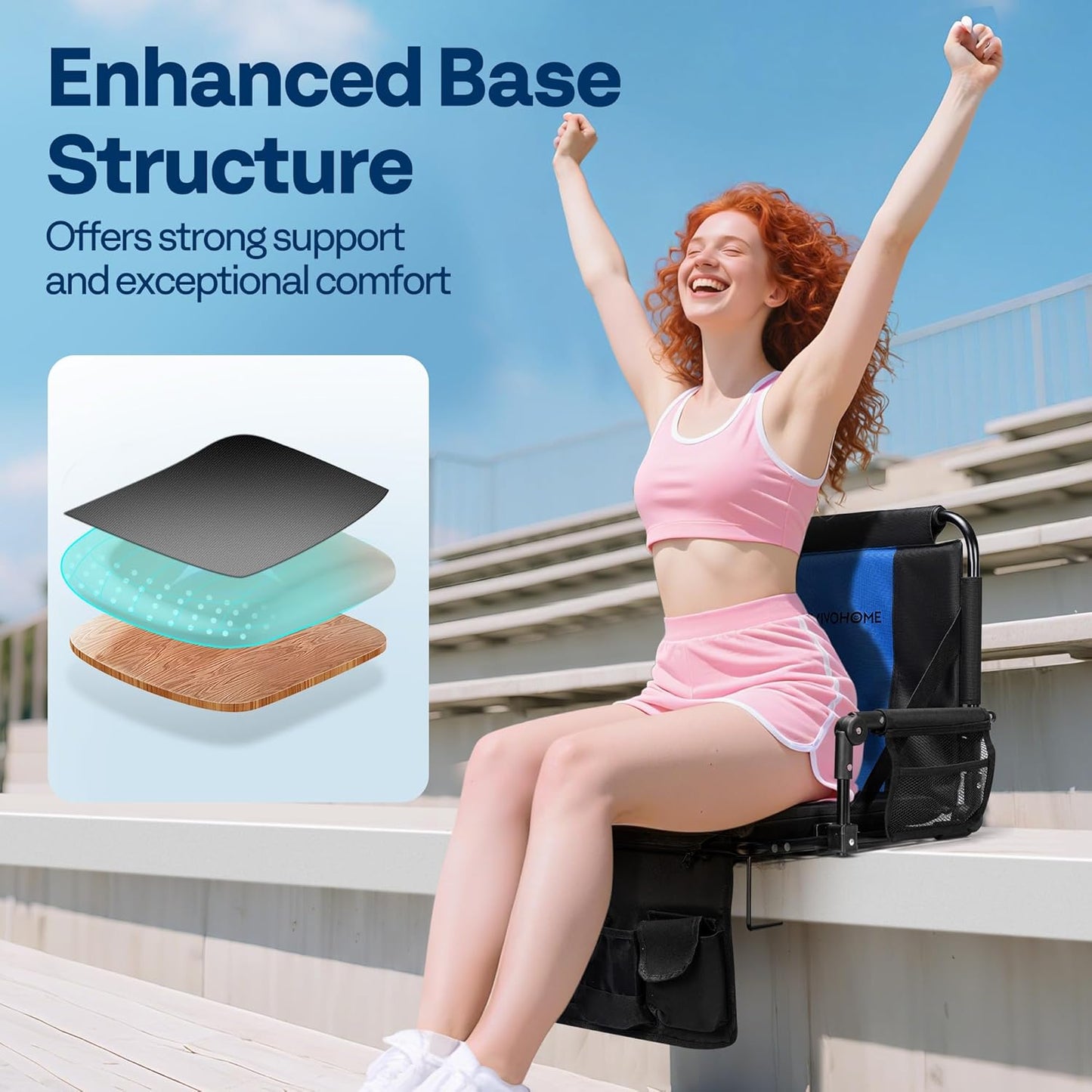 VIVOHOME Stadium Seats with Back Support and Cushion, 2 Pack Portable Bleacher Chairs with Cup Holder, Storage Bags and Shoulder Strap, Comfortable for Various Sports Events, Black and Gray