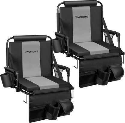 VIVOHOME Stadium Seats with Back Support and Cushion, 2 Pack Portable Bleacher Chairs with Cup Holder, Storage Bags and Shoulder Strap, Comfortable for Various Sports Events, Black and Gray