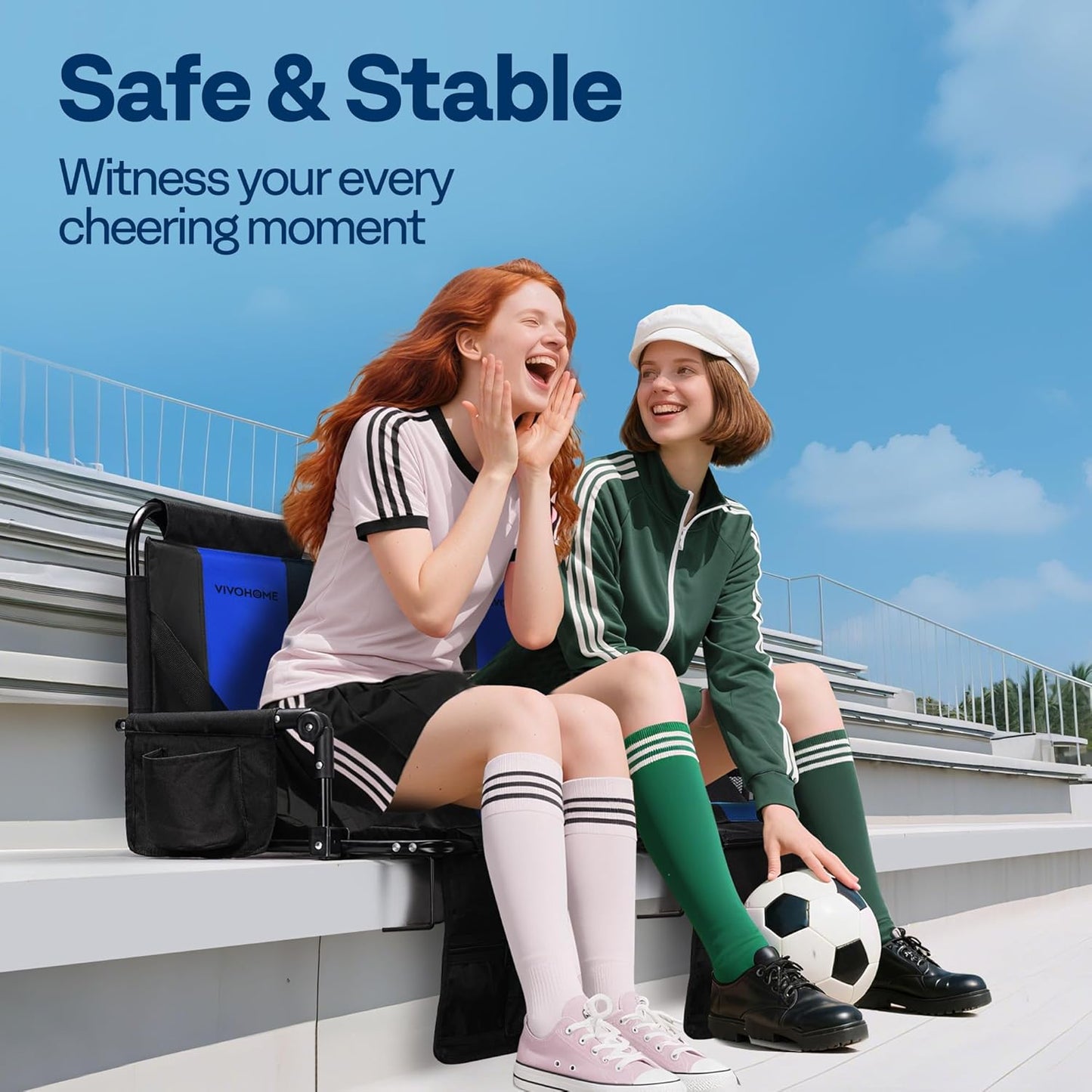 VIVOHOME Stadium Seats with Back Support and Cushion, 2 Pack Portable Bleacher Chairs with Cup Holder, Storage Bags and Shoulder Strap, Comfortable for Various Sports Events, Black and Gray