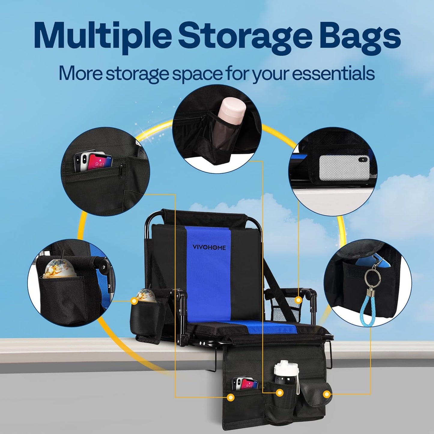 VIVOHOME Stadium Seats with Back Support and Cushion, 2 Pack Portable Bleacher Chairs with Cup Holder, Storage Bags and Shoulder Strap, Comfortable for Various Sports Events, Black and Gray