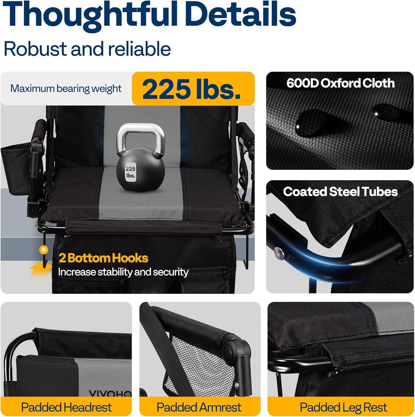 VIVOHOME Stadium Seats with Back Support and Cushion, 2 Pack Portable Bleacher Chairs with Cup Holder, Storage Bags and Shoulder Strap, Comfortable for Various Sports Events, Black and Gray