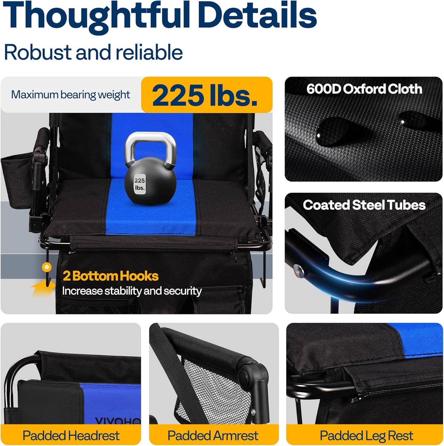 VIVOHOME Stadium Seats with Back Support and Cushion, 2 Pack Portable Bleacher Chairs with Cup Holder, Storage Bags and Shoulder Strap, Comfortable for Various Sports Events, Black and Gray