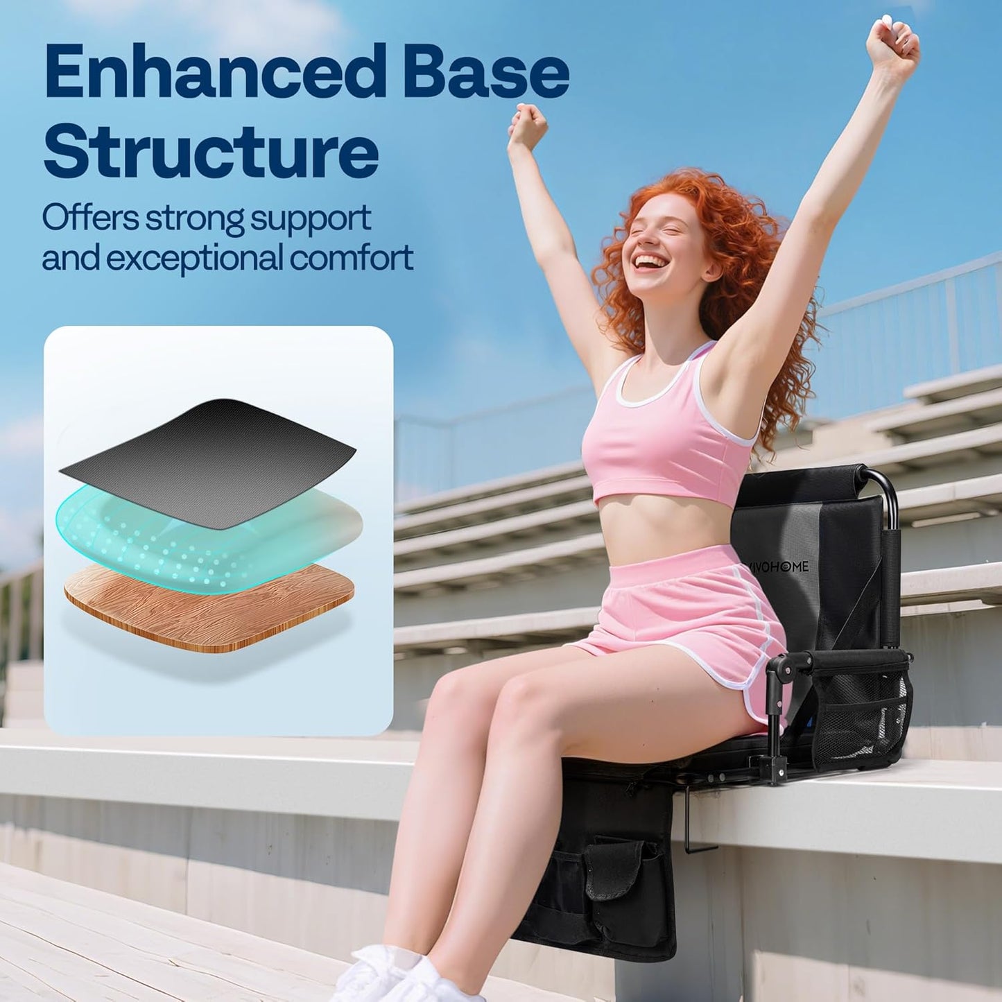 VIVOHOME Stadium Seats with Back Support and Cushion, 2 Pack Portable Bleacher Chairs with Cup Holder, Storage Bags and Shoulder Strap, Comfortable for Various Sports Events, Black and Gray