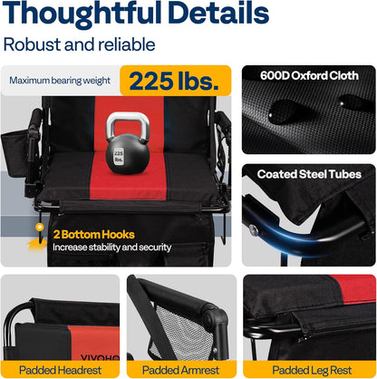 VIVOHOME Stadium Seats with Back Support and Cushion, 2 Pack Portable Bleacher Chairs with Cup Holder, Storage Bags and Shoulder Strap, Comfortable for Various Sports Events, Black and Gray