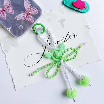 Angel wings beads string mobile phone chain creative bow hairball bag car keychain pendant mobile phone case universal