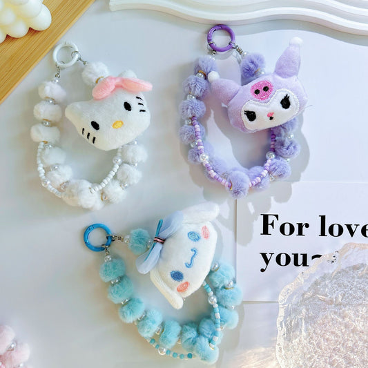 Autumn and winter new cartoon strawberry bear plush mobile phone chain bead string keychain bag cute pendant bag extension chain