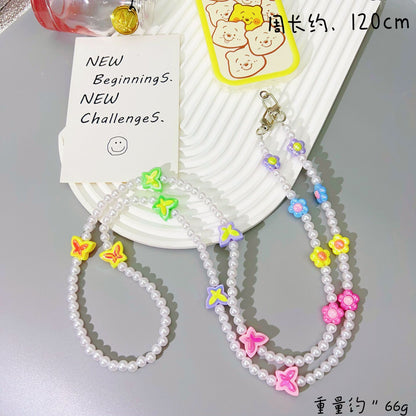 New acrylic mixed color bead string mobile phone chain girl heart oblique span chain mobile phone case lanyard anti-lost strap pendant