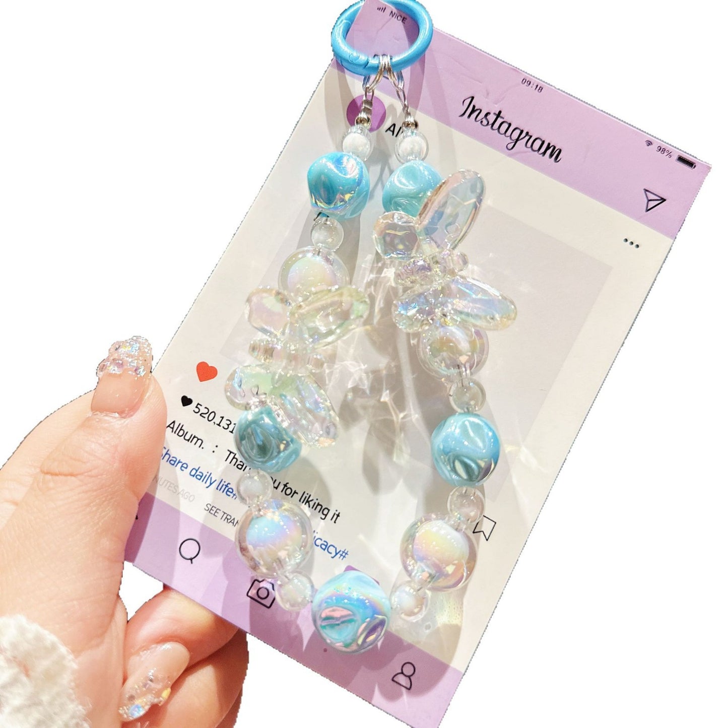 New acrylic high-transparency colorful crystal butterfly bead string mobile phone case pendant Internet celebrity same keychain mobile phone chain
