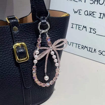 Internet celebrity high sense three-dimensional crystal bow mobile phone chain pendant key lanyard pearl mobile phone lanyard bag chain