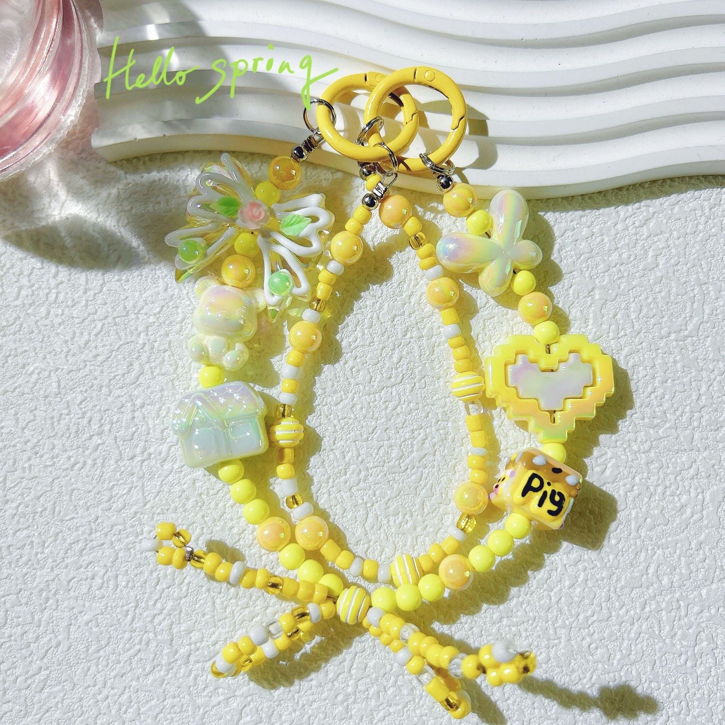 Mobile phone pendant love double chain bow mobile phone chain live broadcast hot-selling doll bead string chain keychain wholesale