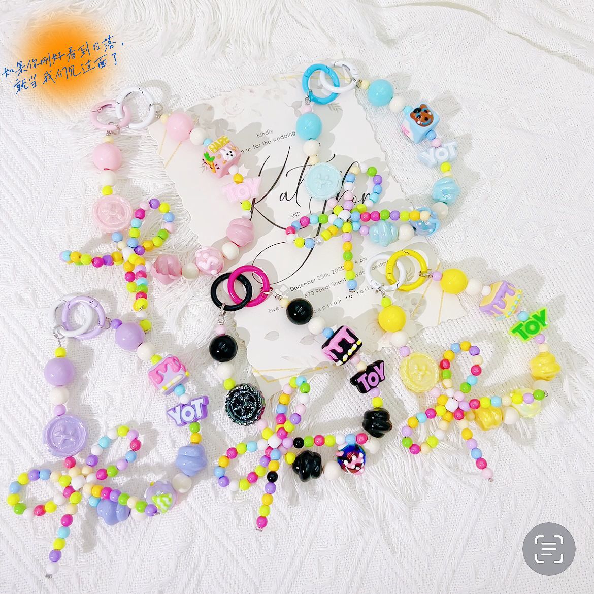 Creative candy color hand-painted bead string mobile phone chain letter keychain pendant earphone bag mobile phone case decorative gift