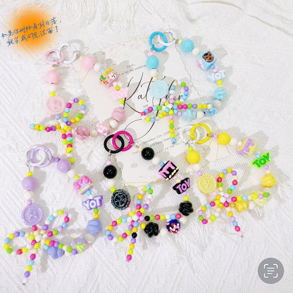 Creative candy color hand-painted bead string mobile phone chain letter keychain pendant earphone bag mobile phone case decorative gift