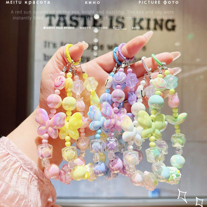 New UV Plated Butterfly Beaded Mobile Phone Chain Keychain Creative Smiley Pendant Car Key Bag Charm Gift