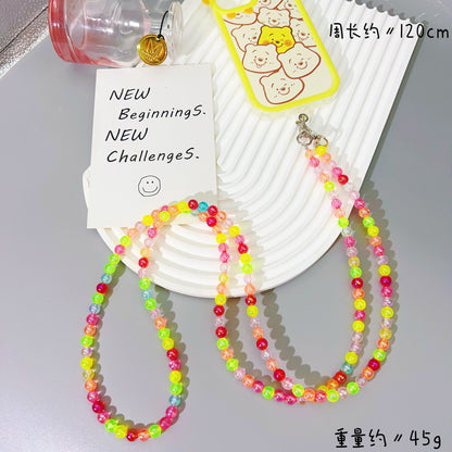 New acrylic mixed color bead string mobile phone chain girl heart oblique span chain mobile phone case lanyard anti-lost strap pendant