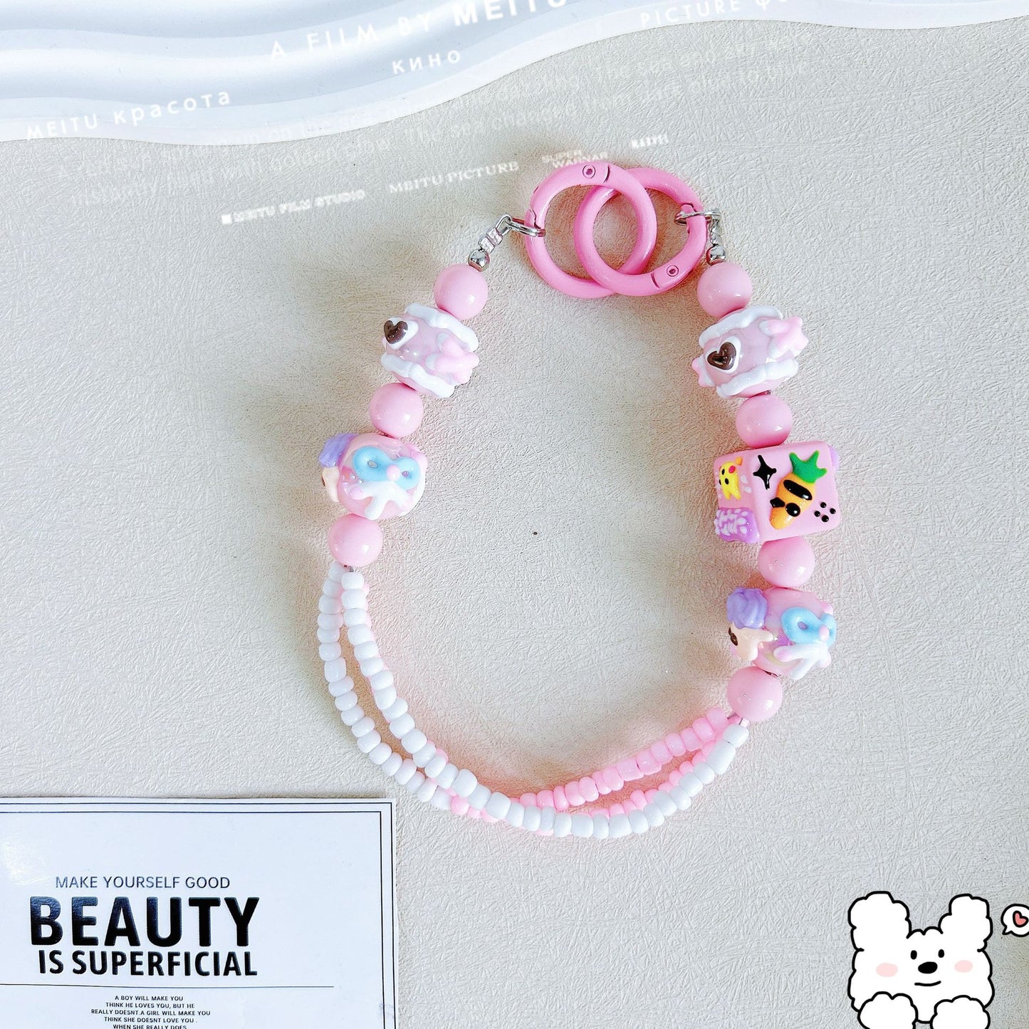 Heavy Industry Square Hand-painted Bead Mobile Phone Chain Three-Line Rice Bead String Car Keychain Pendant Exquisite Bag Pendant