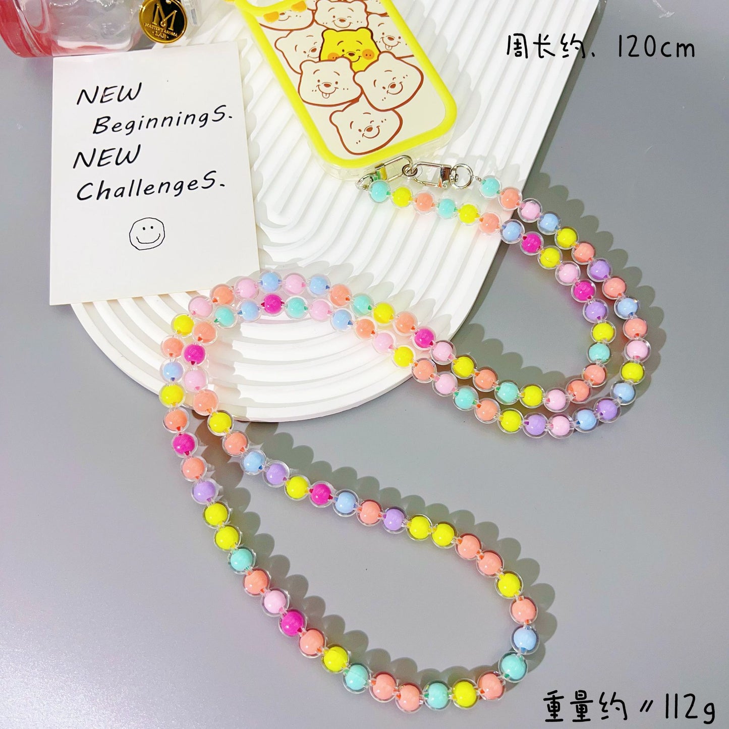 New acrylic mixed color bead string mobile phone chain girl heart oblique span chain mobile phone case lanyard anti-lost strap pendant