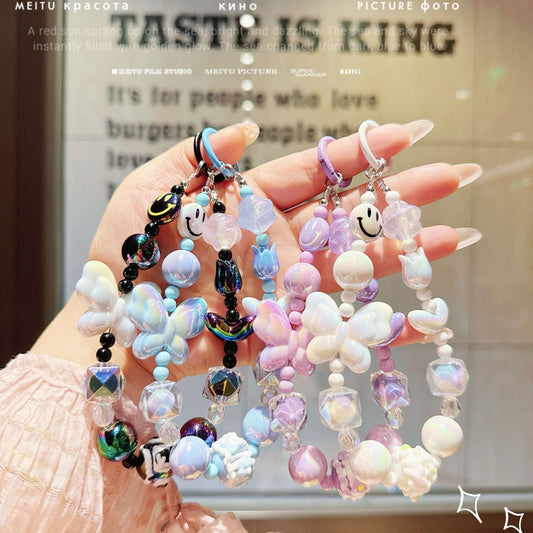 New UV Plated Butterfly Beaded Mobile Phone Chain Keychain Creative Smiley Pendant Car Key Bag Charm Gift