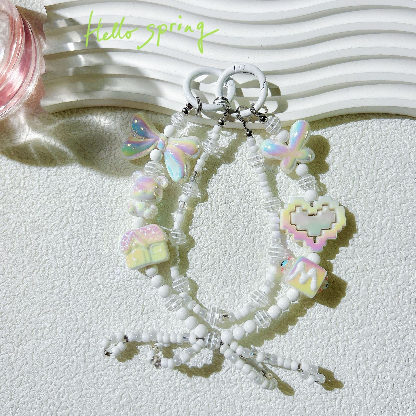 Mobile phone pendant love double chain bow mobile phone chain live broadcast hot-selling doll bead string chain keychain wholesale