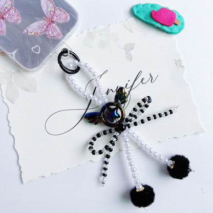 Angel wings beads string mobile phone chain creative bow hairball bag car keychain pendant mobile phone case universal