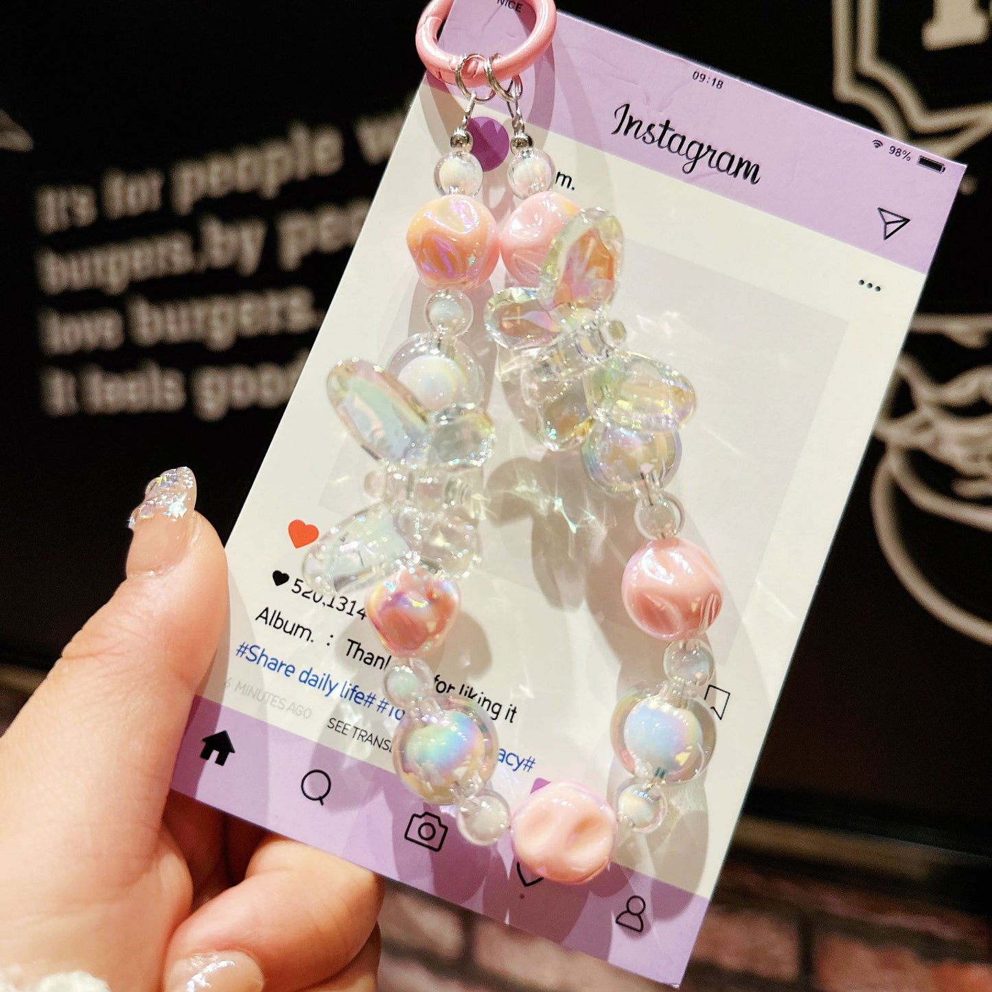 New acrylic high-transparency colorful crystal butterfly bead string mobile phone case pendant Internet celebrity same keychain mobile phone chain