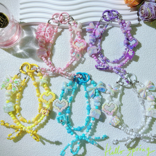 Mobile phone pendant love double chain bow mobile phone chain live broadcast hot-selling doll bead string chain keychain wholesale